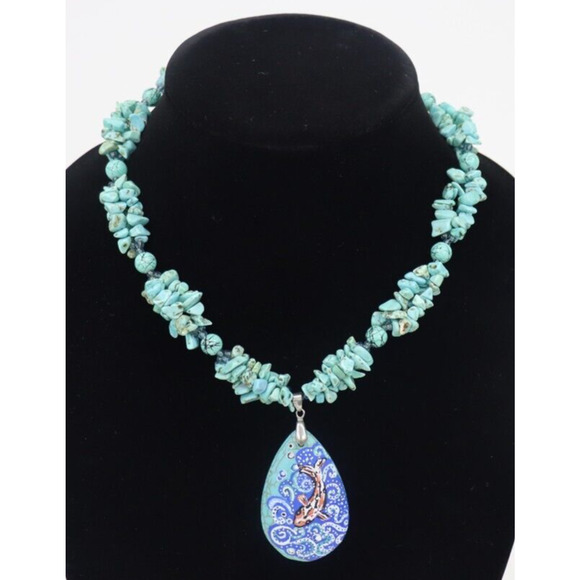 Turquoise Necklace with Hand Painted Koi Fish-Art to Wear-Beachy Coastal-Artsy - Picture 2 of 9